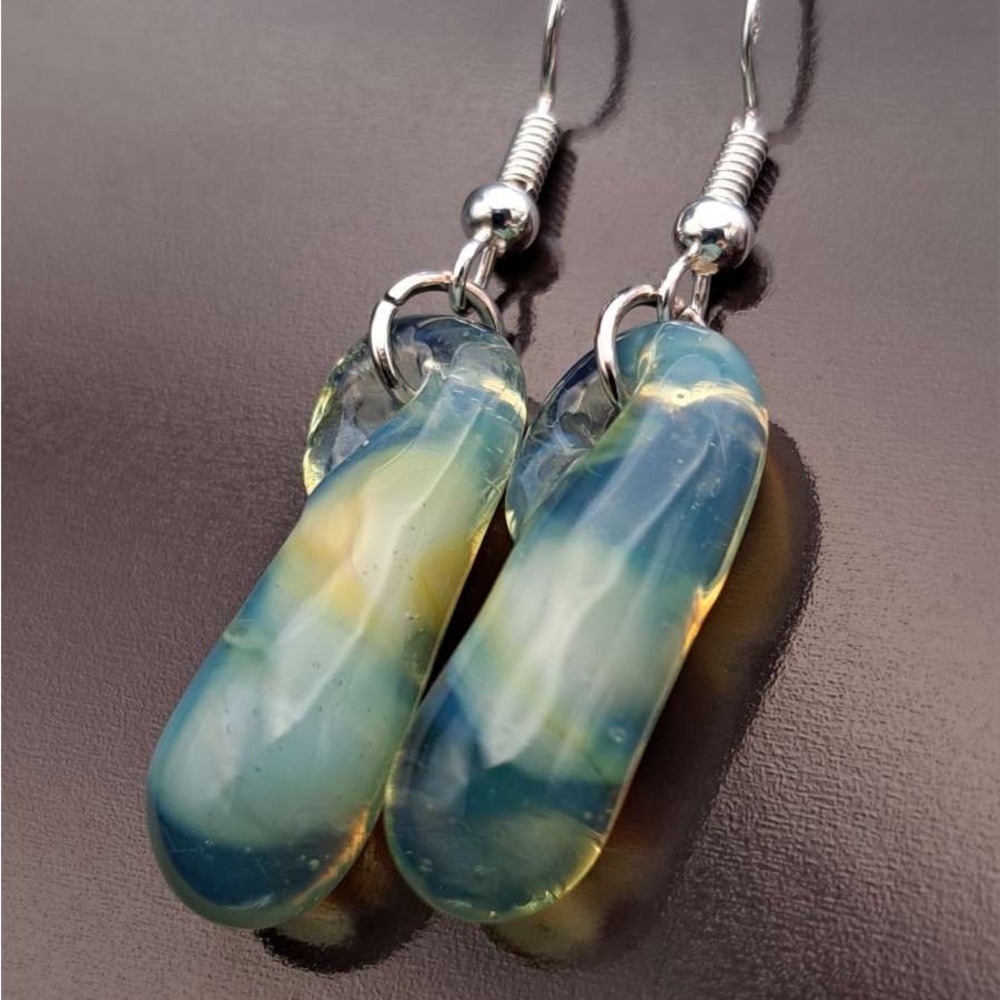 Elegant Blue Hand Blown Glass Earrings Lamp work Uv Reactive